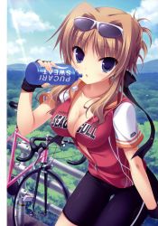 Rule 34 | 1girl, absurdres, bicycle, bike jersey, bike shorts, blue eyes, bottle, brand name imitation, breasts, brown hair, chisha, cleavage, eyewear on head, fingerless gloves, gloves, hair intakes, highres, large breasts, midori no umi, open clothes, open shirt, shirt, sports sunglasses, sunglasses, water bottle, yukie (peach candy)