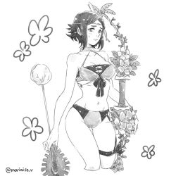 Rule 34 | 1girl, arrow (projectile), bikini, bow (weapon), breasts, circlet, cleavage, closed mouth, fire emblem, fire emblem awakening, fire emblem heroes, flower, greyscale, holding, holding arrow, holding bow (weapon), holding weapon, insarability, medium breasts, monochrome, navel, nintendo, noire (fire emblem), short hair, simple background, solo, swimsuit, thigh strap, twitter username, weapon, white background