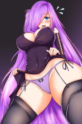Rule 34 | 1girl, black dress, blue eyes, blush, breasts, clothes lift, covered navel, detached sleeves, dress, dress lift, flying sweatdrops, foxykuro, from below, garter straps, hair over one eye, highres, kurona reole, large breasts, lifted by self, long hair, looking at viewer, one side up, open mouth, original, panties, purple hair, purple panties, side-tie panties, skull, solo, sweatdrop, thighhighs, underwear, very long hair