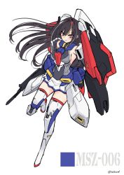 Rule 34 | 1girl, black hair, blonde hair, boots, breasts, floating hair, gun, gundam, hair between eyes, highres, holding, holding gun, holding shield, holding weapon, i.takashi, mecha musume, medium breasts, multicolored hair, personification, red eyes, shield, sideboob, skirt, smile, solo, streaked hair, thigh boots, thighhighs, v-shaped eyebrows, weapon, white background, white hair, white skirt, zeta gundam, zeta gundam (mobile suit)