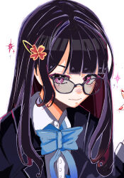 Rule 34 | 1girl, azt (pixiv 102001529), black hair, black jacket, blazer, blush, closed mouth, collared shirt, colored inner hair, commentary, english commentary, glasses, hair ornament, hairclip, highres, honkai: star rail, honkai (series), index finger raised, jacket, long hair, looking at viewer, multicolored hair, nail polish, open clothes, open jacket, pink eyes, portrait, red hair, red nails, school uniform, shirt, simple background, smirk, solo, sparkle, sparkle (honkai: star rail), straight hair, white background, white shirt