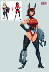 Rule 34 | 1girl, astrubalart, bare shoulders, black gloves, black sash, boku no hero academia, boots, brown hair, fusion, gloves, hand on own hip, helen parr, highres, leotard, mirko, prosthesis, prosthetic arm, prosthetic leg, rabbit girl, red eyes, red leotard, sash, short hair, simple background, sleeveless turtleneck leotard, smile, the incredibles, thigh boots, thong leotard, toned