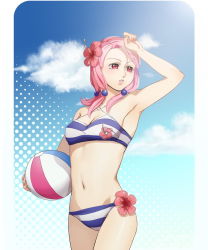 Rule 34 | arm up, armpits, ball, bare shoulders, beachball, bikini, breasts, cleavage, floral print, flower, hand on own forehead, hand on own head, hibiscus, hirose yasuho, holding, holding ball, holding beachball, jojo no kimyou na bouken, jojolion, medium breasts, navel, pink hair, red eyes, solo, striped bikini, striped clothes, swimsuit