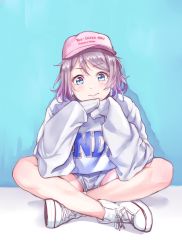 Rule 34 | 1girl, aqua eyes, artist name, artist request, bare legs, blue eyes, blue pants, blue shorts, blush, earrings, female focus, full body, grey hair, hat, highres, jewelry, kanabun, light brown hair, long sleeves, looking at viewer, love live!, love live! sunshine!!, pants, parted lips, pink hat, shoes, short hair, short shorts, shorts, sitting, smile, sneakers, solo, sweater, watanabe you, white footwear, white sweater
