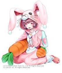Rule 34 | 1girl, animal hood, animal slippers, backpack, bag, rabbit hood, bunny slippers, carrot, company name, hand to own mouth, hood, noatopia, official art, open mouth, randoseru, red eyes, simple background, sitting, slippers, solo, wariza, white background, yanyo (ogino atsuki)