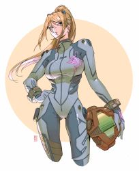 Rule 34 | 1girl, artist logo, artist name, blonde hair, blue bodysuit, blue eyes, bodysuit, breasts, commentary, contrapposto, cowboy shot, edpan, english commentary, female focus, hand on own hip, helmet, highres, long hair, looking to the side, medium breasts, metroid, mole, mole under mouth, nintendo, orange background, parted lips, ponytail, pouch, samus aran, simple background, solo, taut clothes, thigh pouch, unworn headwear, unworn helmet, white background, zero suit