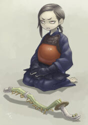 Rule 34 | 1girl, angry, armor, bags under eyes, barefoot, black hair, bougu, broken, broken sword, broken weapon, chiyo maru, commentary request, dougi, forehead, full body, furrowed brow, grey background, hair behind ear, hands on lap, hatching (texture), japanese armor, jitome, kendo, kote, living weapon, looking ahead, low ponytail, orange eyes, original, scowl, seiza, shadow, shinai, signature, single sidelock, sitting, solo, swept bangs, sword, v-shaped eyebrows, weapon