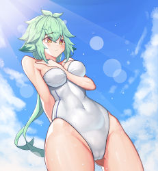 Rule 34 | 1girl, absurdres, animal ears, arm between breasts, bad id, bad pixiv id, between breasts, blue sky, blush, breasts, casual one-piece swimsuit, cat ears, cloud, covered navel, dutch angle, engineer kim, genshin impact, green hair, highres, long hair, medium breasts, nervous, one-piece swimsuit, orange eyes, outdoors, ponytail, sky, solo, standing, sucrose (genshin impact), swimsuit