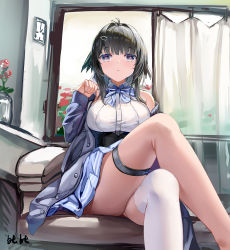 Rule 34 | 1girl, :&lt;, absurdres, alternate costume, antenna hair, arknights, ban tang, bare shoulders, black hair, black jacket, blue bow, blue bowtie, blue skirt, blunt bangs, blush, bow, bowtie, breasts, closed eyes, corset, couch, crossed legs, curtains, feather hair, feet out of frame, hair ornament, hairclip, highres, indoors, infection monitor (arknights), jacket, la pluma (arknights), large breasts, legs, long sleeves, looking at viewer, looking back, miniskirt, on couch, open clothes, open jacket, purple eyes, shirt, short hair with long locks, sidelocks, single thighhigh, sitting, skirt, solo, thighhighs, thighlet, thighs, underbust, vase, white shirt, white thighhighs, window