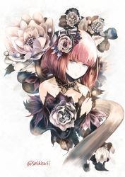 Rule 34 | 1girl, blue eyes, blunt bangs, bow, closed mouth, collarbone, cropped torso, flower, hair bow, hair flower, hair ornament, highres, long hair, original, pink hair, solo, strapless, sushi (sashimise), twitter username, upper body, white flower