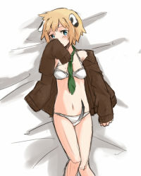 Rule 34 | 1girl, animal ears, bed, blonde hair, blue eyes, blush, chikiso, jacket, jane t. godfrey, lingerie, lying, necktie, solo, strike witches, strike witches: kurenai no majo-tachi, underwear, world witches series