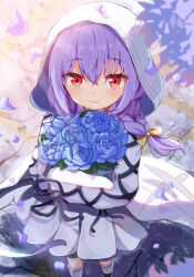 Rule 34 | 1girl, absurdres, atsuko (blue archive), blue archive, blue flower, blue halo, blush, bouquet, braid, closed mouth, dress, falling petals, flower, frilled socks, frills, hair between eyes, halo, highres, holding, holding bouquet, hood, hood up, hooded jacket, jacket, long hair, mikumiku37, petals, purple hair, red eyes, revision, smile, socks, solo, twin braids, violet (flower), white dress, white jacket, white socks