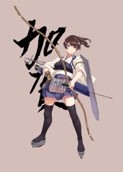 Rule 34 | 10s, 1girl, :|, archery, arrow (projectile), black thighhighs, bow (weapon), brown background, brown eyes, brown hair, character name, closed mouth, expressionless, full body, gloves, highres, japanese clothes, kaga (kancolle), kantai collection, kirisato itsuki, kyuudou, muneate, partially fingerless gloves, partly fingerless gloves, quiver, simple background, single glove, skirt, solo, standing, tasuki, thighhighs, weapon, yugake, zettai ryouiki