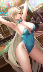 Rule 34 | 3girls, absurdres, animal ears, armpits, arms behind head, asuna (blue archive), asuna (bunny) (blue archive), asymmetrical bangs, bare legs, black hair, black leotard, blackjack table, blue archive, blue bow, blue bowtie, blue eyes, blue leotard, blurry, blurry background, bow, bowtie, breasts, character request, cleavage, commentary request, covered navel, cup, dark-skinned female, dark skin, detached collar, elbow gloves, eyes visible through hair, fake animal ears, gloves, grin, hair over one eye, halo, highleg, highleg leotard, highres, holding, holding tray, jixo (user nzhc8728), karin (blue archive), karin (bunny) (blue archive), large breasts, leotard, light brown hair, long bangs, long hair, looking at viewer, mole, mole on breast, multiple girls, playboy bunny, ponytail, rabbit ears, roulette table, smile, table, tray, white gloves, white hair