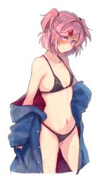 Rule 34 | 1girl, alternate costume, bikini, black bikini, blue jacket, blush, breasts, collarbone, cowboy shot, doki doki literature club, flat chest, hair ornament, hair tie, hairband, hairclip, head tilt, jacket, jacket partially removed, looking at viewer, looking up, lowres, medium hair, natsuki (doki doki literature club), navel, open clothes, oversized clothes, pink hair, purple eyes, red hairband, shaded face, short hair, simple background, small breasts, smile, solo, sora (efr), swimsuit, tareme, twintails, two side up, white background