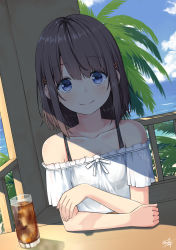 Rule 34 | 1girl, bare shoulders, blue eyes, blue sky, brown hair, closed mouth, cloud, cloudy sky, collarbone, commentary request, cup, day, dress, drink, drinking glass, hair between eyes, hair ornament, hairclip, highres, horizon, ice, ice cube, looking at viewer, miko fly, ocean, off-shoulder dress, off shoulder, original, outdoors, palm tree, short sleeves, signature, sitting, sky, smile, solo, tree, water, white dress