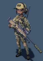 Rule 34 | 1girl, absurdres, ai arctic warfare, army, badge, baseball cap, bipod, black footwear, blue background, bolt action, boots, brown eyes, brown hair, bulletproof vest, camouflage, camouflage jacket, camouflage legwear, cargo pants, closed mouth, collarbone, combat boots, dark-skinned female, dark skin, erica (naze1940), expressionless, eyelashes, fingerless gloves, gloves, green gloves, green hat, grey footwear, gun, handgun, hat, headphones, headset, highres, holding, holding gun, holding weapon, holster, jacket, knee pads, l115a3, looking at viewer, magazine (weapon), microphone, military, military uniform, original, pants, pistol, pocket, ponytail, radio, radio antenna, rifle, scope, shadow, short hair, short ponytail, sidelocks, sniper rifle, solo, standing, suppressor, tactical clothes, tan, trigger discipline, uniform, union jack, weapon