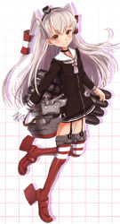 Rule 34 | 10s, 1girl, amatsukaze (kancolle), bad id, bad pixiv id, brown eyes, dress, hair tubes, kantai collection, long hair, rensouhou-kun, sailor collar, silver hair, striped clothes, striped thighhighs, telaform, thighhighs, twintails, two side up