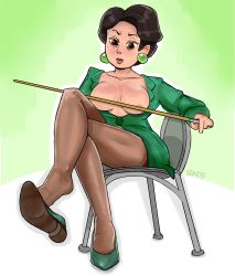 Rule 34 | 1girl, absurdres, breasts, breasts out, chair, crossed legs, disney, earrings, femdom, full body, green footwear, highres, jewelry, legs, mature female, medium breasts, ming lee, mole, mole under eye, pantyhose, pointer, sfp479, shoe dangle, sitting, solo, turning red