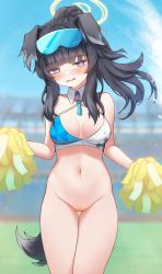 Rule 34 | 1girl, absurdres, animal ears, bad id, bad pixiv id, bare shoulders, black hair, blue archive, blue eyes, blunt bangs, blurry, blurry background, blush, breasts, breasts apart, bright pupils, cheerleader, cleavage, cleft of venus, cowboy shot, crop top, detached collar, dog ears, dog girl, dog tail, embarrassed, exhibitionism, eyewear on head, facial mark, goggles, goggles on head, halo, hibiki (blue archive), hibiki (cheer squad) (blue archive), highres, holding, holding pom poms, long hair, looking at viewer, mang, millennium cheerleader outfit (blue archive), navel, no panties, open mouth, pom pom (cheerleading), pom poms, public indecency, public nudity, pussy, solo, star (symbol), star facial mark, star sticker, sticker on face, tail, text print, thigh gap