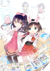 Rule 34 | 2girls, animal ears, black hair, black legwear, blue eyes, bow, box, brown eyes, brown hair, character request, cover, cover page, dress, fake animal ears, hair bow, holding hands, honda tamaki, indoors, kuroba u, magazine (object), microphone, multiple girls, open mouth, original, pantyhose, paper, pink bow, pink dress, pink legwear, ponytail, potion, red dress, scarf, short hair, sideways glance, standing, stella no mahou, thighhighs, white scarf