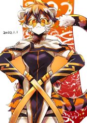 Rule 34 | 1girl, 2022, animal ears, arknights, body fur, breasts, chinese zodiac, commentary, cowboy shot, dated, furry, furry female, hair between eyes, highres, iwashi 80, looking at viewer, medium breasts, orange-tinted eyewear, orange-tinted glasses, short hair, solo, sunglasses, symbol-only commentary, tail, thighhighs, tiger ears, tiger girl, tiger tail, tinted eyewear, waai fu (arknights), year of the tiger