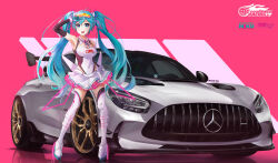 Rule 34 | 1girl, absurdres, arm behind back, blue eyes, blue gloves, breasts, car, character name, commentary, copyright name, covered navel, elbow gloves, english commentary, eyewear on head, figure, gloves, goodsmile racing, grey gloves, hair between eyes, hatsune miku, highres, leotard, logo, long hair, looking at viewer, medium breasts, mercedes-benz, mercedes-benz amg gt, motor vehicle, necktie, nougat (73r1r1), pink background, pink necktie, racing miku, racing miku (2021), reflection, shadow, short necktie, skirt, solo, spoiler (automobile), sunglasses, thighhighs, twintails, two-tone gloves, vehicle focus, very long hair, vocaloid, white footwear, white leotard, white skirt, white thighhighs