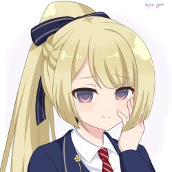 Rule 34 | 1girl, assault lily, black bow, blonde hair, blue jacket, blunt bangs, bow, braid, closed mouth, collared shirt, commentary request, diagonal-striped clothes, diagonal-striped necktie, french braid, gradient background, hair bow, hand on own cheek, hand on own face, hand up, high ponytail, highres, jacket, light smile, long hair, looking at viewer, miyagawa takane, necktie, official alternate costume, official alternate hairstyle, piatin, ponytail, portrait, purple background, purple eyes, red necktie, shirt, solo, striped, striped bow, striped clothes, twitter username, white background, white shirt