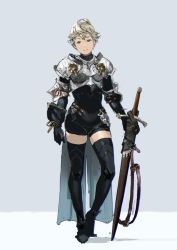 Rule 34 | 1girl, ahoge, anesaki dynamic, armor, black gloves, black thighhighs, blonde hair, expressionless, gloves, grey background, highres, legs, looking to the side, original, sheath, sheathed, solo, sword, thighhighs, thighs, waist cape, weapon