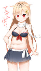 Rule 34 | 10s, 1girl, alternate costume, belly, belly grab, bikini, bikini top only, blonde hair, blush, breasts, cleavage, cowboy shot, hair flaps, kantai collection, long hair, medium breasts, midriff, miniskirt, navel, pleated skirt, plump, red eyes, scarf, simple background, skirt, solo, swimsuit, translated, weight conscious, white background, yasuto (eria151), yuudachi (kancolle), yuudachi kai ni (kancolle)