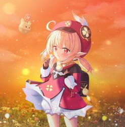 Rule 34 | 1girl, absurdres, ahoge, backpack, bag, blonde hair, bloomers, blush, brown gloves, cabbie hat, closed mouth, commentary, dress, feathers, flower, genshin impact, gloves, hat, hat feather, highres, klee (genshin impact), long hair, long sleeves, looking at viewer, low twintails, mamel 27, outdoors, pointy ears, puffy long sleeves, puffy sleeves, red dress, red eyes, red flower, red hat, sleeves past wrists, solo, standing, twintails, underwear, white bloomers, white feathers