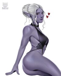 Rule 34 | 1girl, artist name, ass, baldur&#039;s gate, baldur&#039;s gate 3, bare arms, bare shoulders, closed mouth, colored skin, dark elf, dungeons &amp; dragons, elf, from side, hailiiz, hair bun, heart, highres, lingerie, looking at viewer, looking to the side, minthara, pointy ears, red eyes, shiny skin, short hair, simple background, single hair bun, sitting, underwear, white background