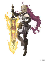 Rule 34 | 1girl, absurdres, bare shoulders, boots, braid, breasts, clock, contrapposto, dorothy (sinoalice), energy sword, full body, gloves, hair ornament, hairclip, hammer, hidden face, highres, ji no, large breasts, long hair, messy hair, official art, pliers, pouch, purple hair, screwdriver, sinoalice, solo, standing, sword, tool belt, very long hair, vial, weapon, welding mask, white background