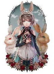 Rule 34 | 1girl, animal, animal ears, apron, aqua eyes, bare shoulders, blue eyes, rabbit, rabbit ears, cloud, collar, cowboy shot, detached sleeves, dress, flower, flower wreath, grey hair, hand on own chest, highres, looking at viewer, open mouth, original, outstretched arm, oversized animal, red eyes, rose, senano-yu, sky