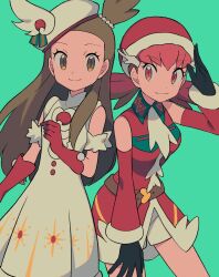 Rule 34 | 2girls, :3, bare shoulders, belt, beret, black gloves, brown belt, brown hair, closed mouth, commentary request, creatures (company), detached sleeves, dress, game freak, gloves, green background, hand up, hat, highres, jasmine (holiday 2022) (pokemon), jasmine (pokemon), long hair, looking at viewer, multiple girls, nintendo, official alternate costume, one side up, pokemon, pokemon masters ex, red dress, red gloves, red headwear, santa hat, shorts, smile, twintails, tyako 089, white headwear, white shorts, whitney (holiday 2022) (pokemon), whitney (pokemon)