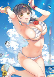 Rule 34 | 1girl, :d, arms up, asahina hikage, bare legs, bikini, black hair, blue sky, breasts, cloud, day, flower, frilled bikini, frills, hair ribbon, highres, jewelry, large breasts, multicolored hair, navel, necklace, ocean, open mouth, original, outdoors, ponytail, rainbow hair, ribbon, sandals, scrunchie, shoe flower, sky, smile, solo, sunflower, swimsuit, translated, watch, water, water drop, white bikini, wrist scrunchie, wristwatch, yellow eyes