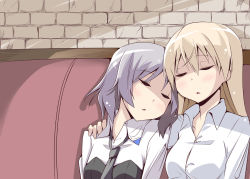 Rule 34 | 2girls, bad id, bad pixiv id, blonde hair, blush, couch, eila ilmatar juutilainen, closed eyes, hajime (kin&#039;you club), hand on shoulder, head on another&#039;s shoulder, long hair, military, military uniform, multiple girls, necktie, sanya v. litvyak, shirt, short hair, silver hair, sleeping, strike witches, uniform, world witches series