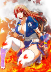 Rule 34 | 1girl, breasts, brown eyes, brown hair, choker, cleavage, dead or alive, fire, full body, japanese clothes, kasumi (doa), kettsu, kneeling, large breasts, long hair, ninja, on one knee, open mouth, pelvic curtain, sash, smoke, solo, thighhighs, weapon, weapon on back, white thighhighs, wrist wrap