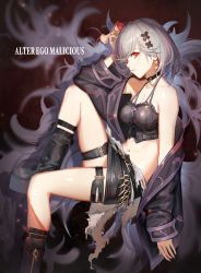 Rule 34 | 1girl, alter ego malevolent (granblue fantasy), apple, bare shoulders, belt, black camisole, black footwear, black nails, black shorts, boots, breasts, camisole, choker, collarbone, djeeta (granblue fantasy), earrings, feather boa, fingernails, food, fruit, granblue fantasy, hair ornament, hairclip, hand up, head tilt, holding, holding food, holding fruit, jacket, jewelry, leg up, long sleeves, looking at viewer, nail polish, navel, off-shoulder jacket, off shoulder, red eyes, short hair, shorts, silver hair, sitting, sleeves past wrists, solo, x hair ornament, ya99ru