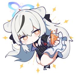 Rule 34 | 1girl, @ @, animal ears, black dress, black hair, blue archive, blush, chibi, closed mouth, cup, dress, hair between eyes, hair ribbon, halo, highres, holding, holding cup, hufy, kokona (blue archive), long hair, long sleeves, looking at viewer, multicolored hair, orange eyes, ribbon, simple background, solo, streaked hair, sweat, very long hair, white background, white hair