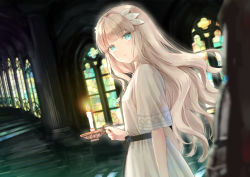 Rule 34 | 1girl, absurdres, akasaka asa, aqua eyes, blunt bangs, blurry, blurry foreground, candle, dress, ender lilies quietus of the knights, hair ribbon, highres, holding, indoors, lily (ender lilies), long hair, looking at viewer, ribbon, short sleeves, silver hair, solo focus, stairs, very long hair, white dress
