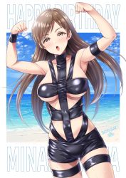 Rule 34 | 1girl, :o, arm strap, armpits, arms up, bare shoulders, beach, blue sky, blush, breasts, brown eyes, brown hair, character name, clenched hands, cloud, collarbone, commentary request, cowboy shot, dated, day, dutch angle, floating hair, happy birthday, highres, horizon, hot limit, idolmaster, idolmaster cinderella girls, large breasts, long hair, looking at viewer, nitta minami, ocean, open mouth, revealing clothes, shiny clothes, signature, sky, solo, standing, sweat, swept bangs, t.m.revolution, tareme, thigh strap, underboob, wristband, yoohi