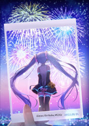 Rule 34 | aerial fireworks, aqua hair, arms behind back, bare shoulders, black skirt, black sleeves, black thighhighs, clear sky, commentary, dated, dated commentary, detached sleeves, drawing (object), english commentary, fireworks, flower, happy birthday, hatsune miku, highres, holding, holding drawing, holding flower, legs together, long hair, looking at object, maronie., night, outdoors, own hands together, pleated skirt, shirt, sidelocks, skirt, sky, sleeveless, sleeveless shirt, solo, strap, sunflower, thighhighs, twintails, very long hair, vocaloid, white shirt, zettai ryouiki