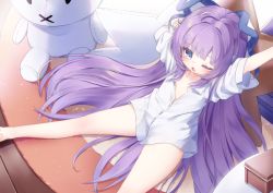 Rule 34 | 1girl, arms up, azur lane, barefoot, blue eyes, blush, collarbone, collared shirt, commentary request, dress shirt, feet out of frame, kokone (coconeeeco), looking at viewer, naked shirt, one eye closed, open mouth, purple hair, shirt, shorts, sitting, solo, stuffed animal, stuffed toy, tashkent (azur lane), tashkent (the blue snoozer) (azur lane), white shirt