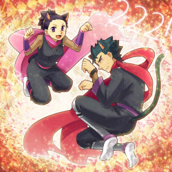 Rule 34 | 1boy, 1girl, animal ears, black hair, black pants, cat ears, cat tail, clenched hands, commentary request, creatures (company), eyelashes, father and daughter, fishnets, game freak, janine (pokemon), koga (pokemon), long scarf, looking back, nemoppoi, nintendo, open mouth, pants, paw pose, pink scarf, pokemon, pokemon hgss, purple eyes, scarf, sweatdrop, tail, tongue, vambraces