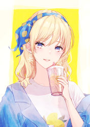 Rule 34 | 1girl, blonde hair, blue eyes, blue hairband, blue jacket, cup, drinking straw, earrings, flower earrings, hairband, head tilt, highres, holding, holding cup, jacket, jewelry, lemon print, long hair, looking at viewer, nail polish, nekomaaro, open clothes, open jacket, original, parted lips, shirt, smile, solo, t-shirt, upper body, white shirt, yellow background, yellow nails