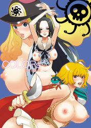 Rule 34 | 3girls, animal, aphelandra, armpits, arms up, artist request, bare arms, black hair, blonde hair, blue eyes, blush, boa hancock, breasts, breasts out, cape, earrings, embarrassed, floating hair, green eyes, groin, hat, highres, holding, huge breasts, jewelry, knife, large breasts, legs, long hair, looking at viewer, marguerite (one piece), multiple girls, navel, nipples, one piece, open mouth, parted lips, red eyes, short hair, simple background, skirt, sleeveless, smile, snake, standing, thighs