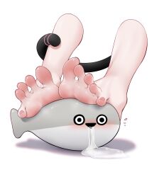 1girl absurdres barefoot blue_archive blush chinese_commentary commentary_request drooling feet fish flying_sweatdrops foot_focus highres j.c.14 momoi_(blue_archive) open_mouth sacabambaspis saliva shadow simple_background soles tail toenails toes white_background