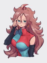 Rule 34 | 1girl, android 21, blue eyes, checkered clothes, checkered dress, dragon ball, dragon ball fighterz, dress, glasses, grey background, hair between eyes, kemachiku, looking at viewer, red hair, simple background, solo