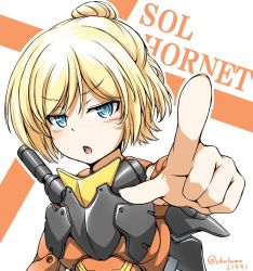 Rule 34 | &gt;:o, 1girl, :o, armor, artist name, blonde hair, blue eyes, character name, doll joints, joints, mecha musume, megami device, okutama tarou, pointing, pointing at viewer, short hair, simple background, sol hornet, v-shaped eyebrows
